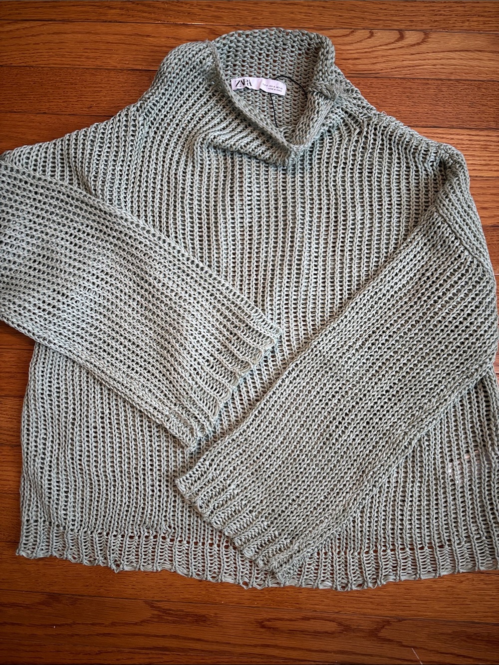 Zara Sage Green Open-Knit Funnel Neck Sweater